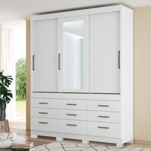 Guarda Roupa Casal com Pés e Espelho 3 Portas de Correr 9 Gavetas Click Santos Andirá Branco