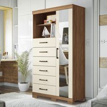 Cômoda Marabá Jatobá/Areia com Pés, Espelho, 1 Porta e 6 Gavetas